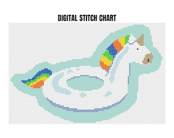 rainbow unicorn birthday, swimming pool floats, cross stitch pattern modern, needlepoint canvas chart, beginner pattern pdf