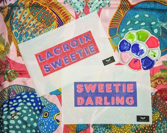 needlepoint canvas handpainted, absolutely fabulous, sweetie darling, needlepoint gifts for women, pillow, lacroix, christmas ornament