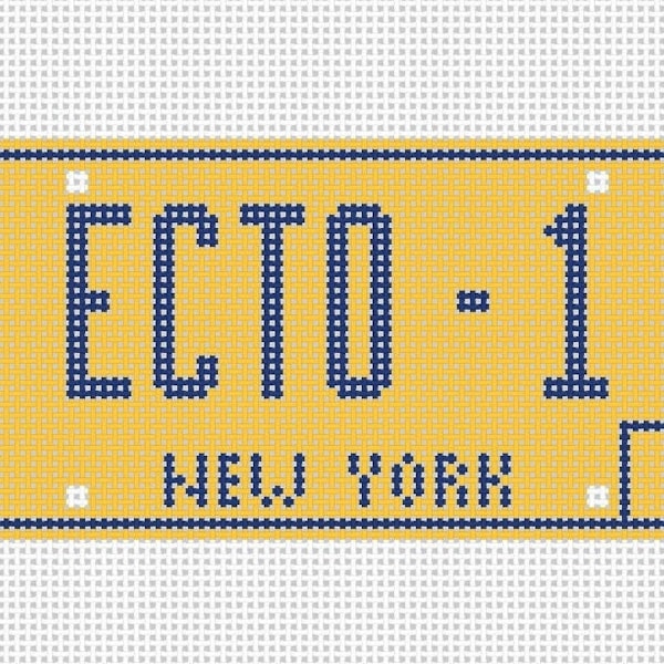 needlepoint canvas hand painted, ghostbusters ecto-1, license plate, pop culture gifts, car gifts for men, christmas ornament