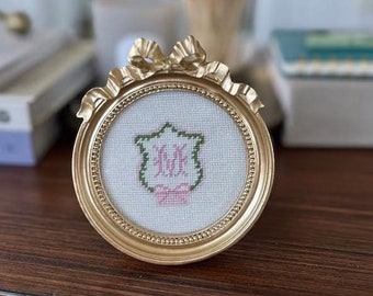 monogram crest needlepoint, engagement needlepoint ornament, needlepoint bag tag, mini needlepoint canvas for beginners, baby girl