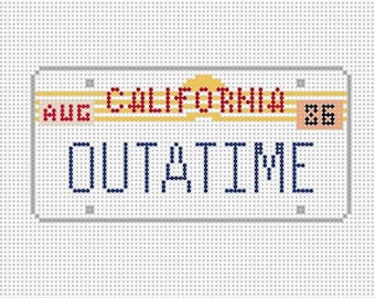 hand painted needlepoint canvas, back to the future license plate, pop culture gifts for boyfriend, car gifts for men, christmas ornament