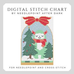 May include: Digital stitch chart featuring a whimsical green creature with a red scarf and hat, standing between two Christmas trees. The design is set against a snowy blue backdrop, topped with a red bow. Text reads "DIGITAL STITCH CHART" and "FOR NEEDLEPOINT AND CROSS-STITCH."