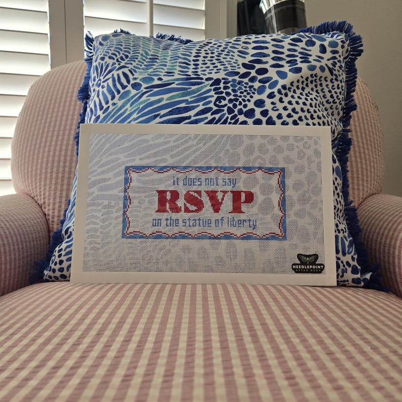 RSVP statue of liberty, handpainted needlepoint canvas, resist needlepoint canvas, pillow, clueless needlepoint, vote needlepoint image 5