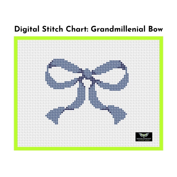 bow needlepoint canvas, grandmillenial nursery needlepoint, blue and white, digital needlepoint chart, coquette bow, romancecore, preppy