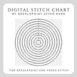Puede incluir: Gráfico de puntada digital para punto de aguja y punto de cruz. El gráfico presenta círculos concéntricos, cada uno etiquetado con medidas en pulgadas de 1 a 10 pulgadas. El texto "Digital Stitch Chart" y "By Needlepoint After Dark" está en la parte superior.