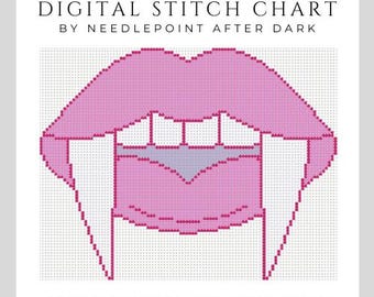 May include: Digital stitch chart showing a pink pixelated mouth with fangs. The text at the top reads "DIGITAL STITCH CHART BY NEEDLEPOINT AFTER DARK". The bottom text says "FOR NEEDLEPOINT AND CROSS-STITCH".