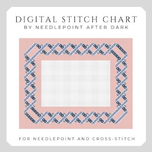 Könnte beinhalten: Digitales Stichmuster mit rosa Hintergrund und blau-weißer geometrischer Bordüre. Die Grafik ist für Nadelmalerei und Kreuzstich. Der Text oben lautet "DIGITAL STITCH CHART BY NEEDLEPOINT AFTER DARK".