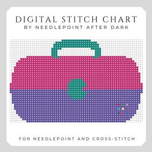 May include: Digital stitch chart by Needlepoint After Dark. The image features a pixelated design of a pink and purple handbag with a teal handle and clasp. The text at the top reads "DIGITAL STITCH CHART" and "BY NEEDLEPOINT AFTER DARK". The bottom text reads "FOR NEEDLEPOINT AND CROSS-STITCH".