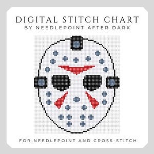May include: Digital stitch chart featuring a cross-stitch design of a hockey mask. The mask is white with black, red, and blue details. Text at the top reads "DIGITAL STITCH CHART" and "BY NEEDLEPOINT AFTER DARK". The bottom text reads "FOR NEEDLEPOINT AND CROSS-STITCH".