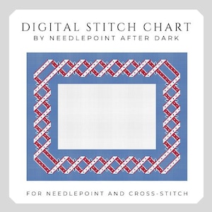 Op de afbeelding: Digitaal steekpatroon van Needlepoint After Dark. Het ontwerp heeft een rechthoekige lijst met een blauwe achtergrond en een wit midden. De lijst is versierd met een rood-wit geweven patroon. De tekst "FOR NEEDLEPOINT AND CROSS-STITCH" staat onderaan.