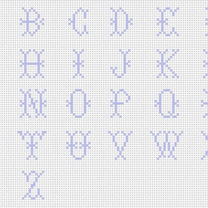 May include: A cross-stitch alphabet chart with letters A through Z in a light purple color on a white background.