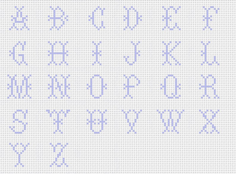 May include: A cross-stitch alphabet chart with letters A through Z in a light purple color on a white background.