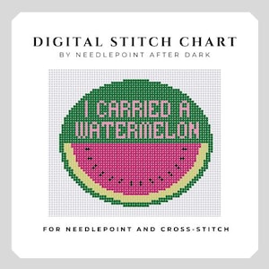May include: A digital stitch chart for needlepoint and cross-stitch featuring a circular watermelon design. The text I CARRIED A WATERMELON is stitched in pink on a green background above a pink watermelon slice with black seeds and a yellow rind.