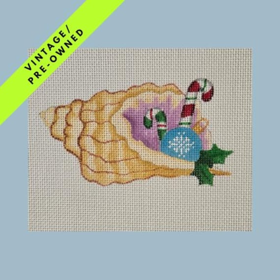 christmas needlepoint, vintage needlepoint canvas, handpainted needlepoint canvas, beach, conch shell, needlepoint ornament