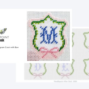 May include: Needlepoint After Dark charted design monogram crest with bow. The design features a green and white crest with a blue monogram and a pink bow. The monogram is the letter "M".