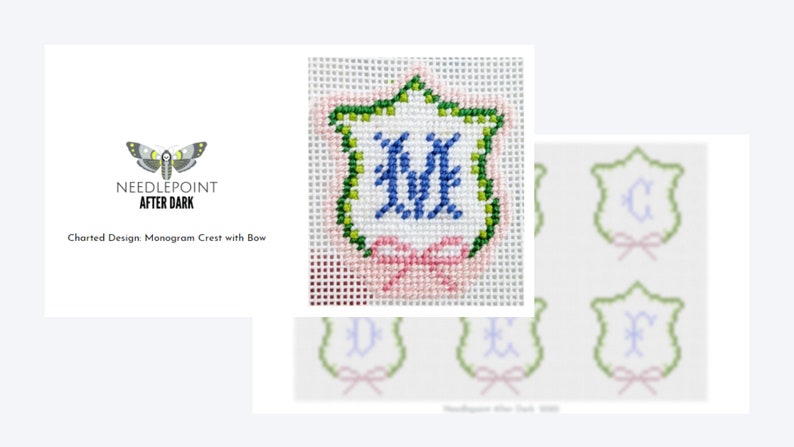 May include: Needlepoint After Dark charted design monogram crest with bow. The design features a green and white crest with a blue monogram and a pink bow. The monogram is the letter "M".