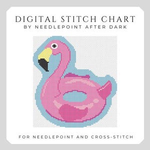May include: Digital stitch chart featuring a pink flamingo float with a yellow beak and black accents, set against a light blue background. The text reads "DIGITAL STITCH CHART" and "FOR NEEDLEPOINT AND CROSS-STITCH".