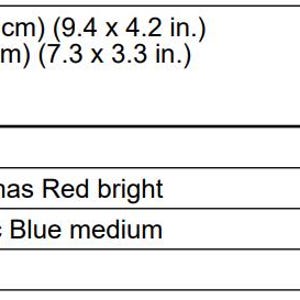 May include: A chart with cross-stitch color information. It lists DMC thread colors: Christmas Red bright, Electric Blue medium, and White. The chart includes stitch counts and dimensions in inches and centimeters.