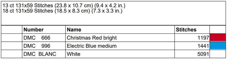 May include: A chart with cross-stitch color information. It lists DMC thread colors: Christmas Red bright, Electric Blue medium, and White. The chart includes stitch counts and dimensions in inches and centimeters.