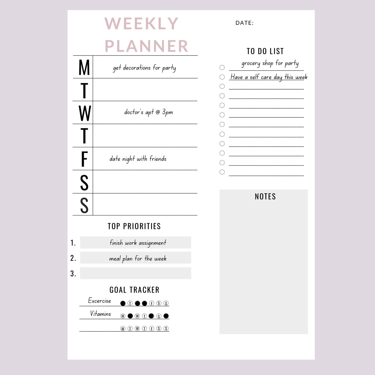 weekly planner printable 7 day planner weekly to do list etsy