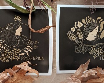 Persephone Print with Hecate Print - TWO 6x6" Prints - Persephone Altar Art - Hecate Altar Art