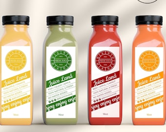 Plantilla de etiqueta de jugo editable, etiqueta de botella prensada en frío, diseño de etiqueta para batidos, etiqueta para limonada, empaque de jugo DIY