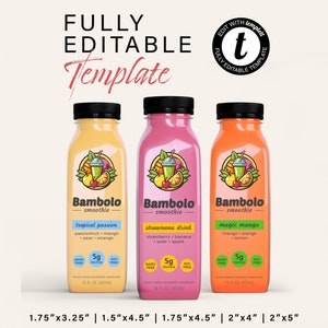Bewerkbare labelsjabloon sapfles: smoothie, koudgeperst (digitale download)