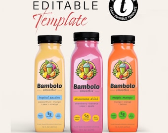 Plantilla de etiqueta editable para botellas de jugo, pegatinas para envases de bebidas, etiquetas imprimibles para bebidas y batidos.