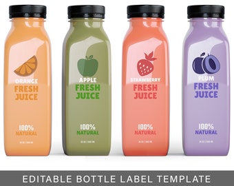 Editable Juice Bottle Label Template, Clear Juice Labels, Transparent Smoothie Label, Printable Cold Press Label Design, Printable Labels