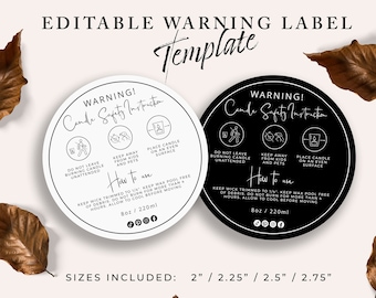 Editable Candle Warning Label Template, Printable Candle Warning Sticker, DIY Candle Safety Instructions, Minimalist Candle Warning Label