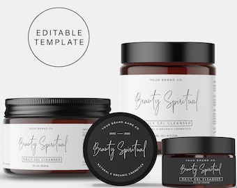 May include: Three amber glass jars with black lids and white labels. The labels have the text "Beauty Spiritual" and "Daily Gel Cleanser" on them. The jars are on a white background. The text "10 templates included" is at the bottom of the image.