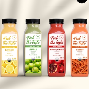 Bearbeitbare Saftflaschen-Etikettenvorlage, druckbares klares Saftflaschen-Etikett, kaltgepresstes Etikettendesign, 8 / 12 / 16 oz, Smoothie-Label