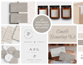 Könnte beinhalten: Ein Branding-Kit für ein Kerzenunternehmen namens "Aroma Grace Aromatherapy". Das Kit enthält 27 editierbare Vorlagen, vier Farbpaletten und ein Logo mit einem Kiefernbaumdesign. Die Farbpalette umfasst Beige-, Hellbraun- und Weißtöne.
