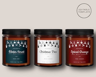 May include: Three amber glass candle jars with black lids and white labels. The labels feature a festive Christmas design with ornaments and the text "Winter Forest", "Christmas Pine", and "Spiced Orange". Each label also includes the text "Soy Wax Candle" and the scent of the candle.