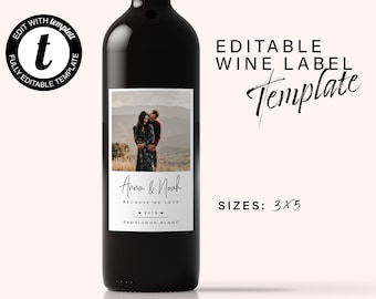 Editable Wine Label Template With Photo, Custom Photo Wine Label, Wedding Wine, Custom Wine Label, Anniversary Wine Gift Label