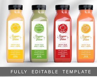 Juice Bottle Label Template, DIY Editable Smoothie Label, Printable Clear Juice Bottle Label, Cold Pressed Label Design, 8 / 12 / 16 oz