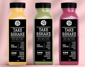 Editable Juice Bottle Label Template, Custom Juice Sticker Design, 8oz 12oz and 16oz Cold Press Label Template, Smoothie Label Template