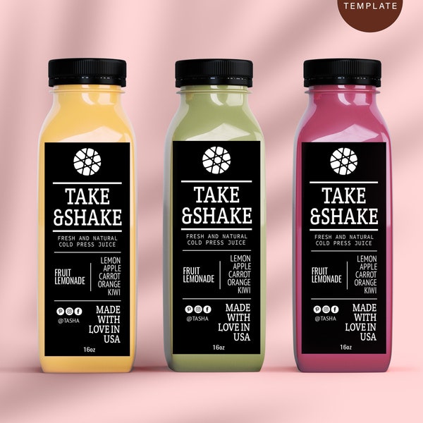 Editable Juice Bottle Label Template, Custom Juice Sticker Design, 8oz 12oz and 16oz Cold Press Label Template, Smoothie Label Template