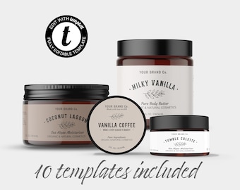 May include: Three amber glass jars with black lids and labels. The labels are white with black text and feature different scents: Coconut Lagoon, Vanilla Coffee, and Milky Vanilla. The jars are for body care products, such as moisturizer and body butter.
