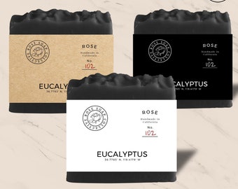 May include: Three bars of black soap with labels. The labels read "Rose Soap Collective" and "Eucalyptus". The soap bars have a textured top and are wrapped with labels that include the text "Handmade in California" and "No. 102". The words "Instant Download" are at the bottom.