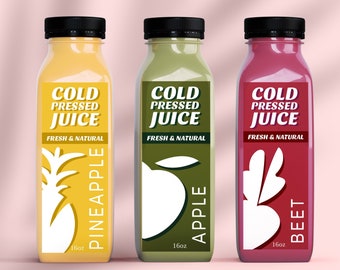 Plantilla de etiqueta editable para botellas de jugo, etiquetas para bebidas y batidos, pegatinas imprimibles para envases de bebidas.