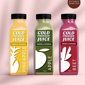 Bewerkbare labelsjabloon sapfles, bewerkbaar stickerontwerp sapetiquette, 8/12/16 oz afdrukbare labelsjabloon, smoothie-etiket