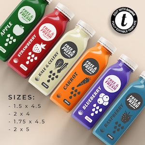 Bearbeitbare Saftflaschen-Etikettenvorlage, druckbares klares Saftflaschen-Etikett, kaltgepresstes Etikettendesign, 8 / 12 / 16 oz, Smoothie-Label