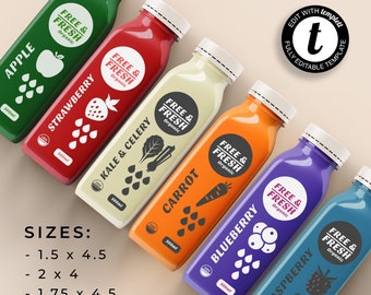 Plantilla de etiqueta editable para botellas de jugo, pegatinas imprimibles para envases de bebidas y batidos, etiquetas para bebidas DIY