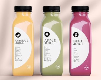 Plantilla de etiqueta editable para botellas de jugo, etiquetas para empaquetar bebidas y batidos, pegatinas imprimibles para bebidas.