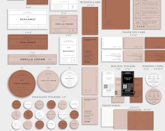 May include: A branding kit for candle labels featuring various sizes of labels, a business card, thank you card, care card, box seal sticker, warning label, and tissue paper. The labels are in brown and white with text that includes "Eucalyptus Co." and "Rain Forest".