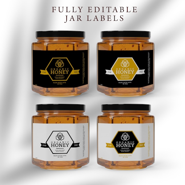 Editable Honey Jar and Lid Labels, Honey Preserve Jar and Pot Cap Label Template, Fully Editable Template, DIY Jar Labels, Jam Jar Label