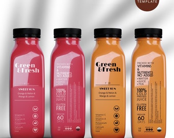 Editable Juice Bottle Label Template, Printable Clear Juice Bottle Label, Cold Pressed Label Design, 8 / 12 / 16 oz, Smoothie Label
