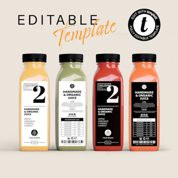 Editable Juice Bottle Label Template, Printable Clear Juice Bottle Label, Cold Pressed Label Design, 8 / 12 / 16 oz, Smoothie Label