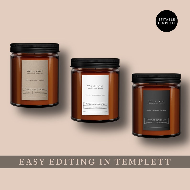 May include: Three amber glass candle jars with black lids and labels. The labels have the text "YOU & LIGHT" and "CITRON BLOSSOM".
